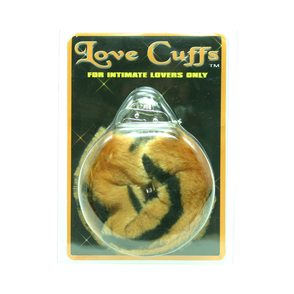 Toy packaging labeled 'Love Cuffs' with a tiger-striped design on a white background