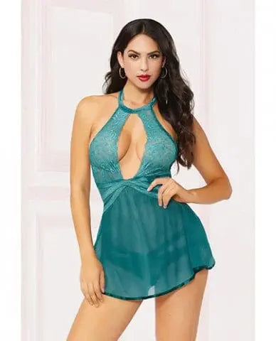 Lace Mesh Babydoll W/strappy Waist & Panty W/criss Cross Waistband Teal 3x/4x Hugz and Kizzez Lace Mesh Babydoll W/strappy Waist & Panty W/criss Cross Waistband