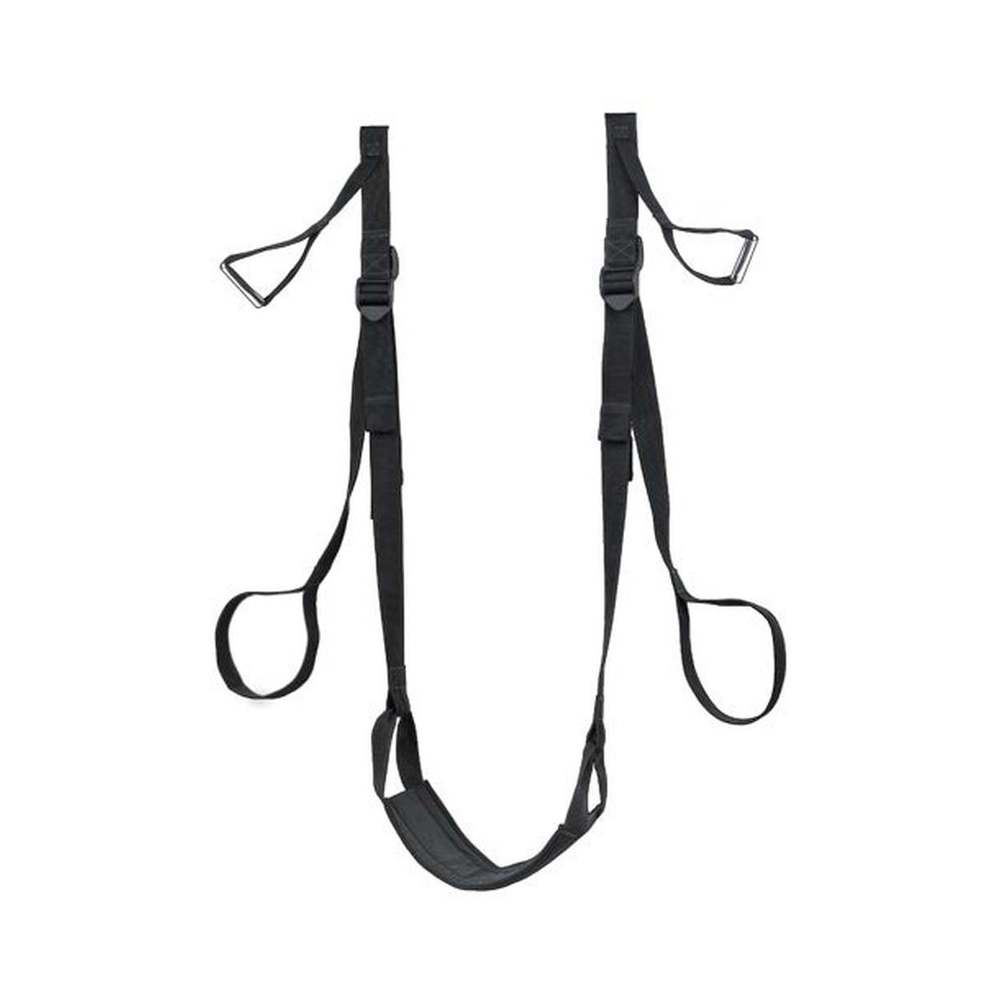 Black exercise suspension trainer on a white background