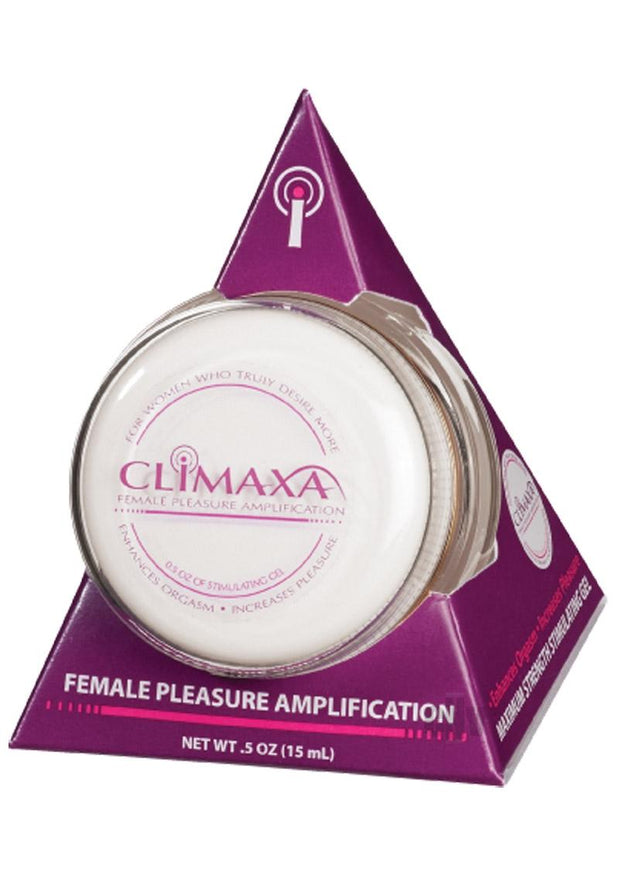 Climaxa product packaging with a purple triangle and white container on a white background