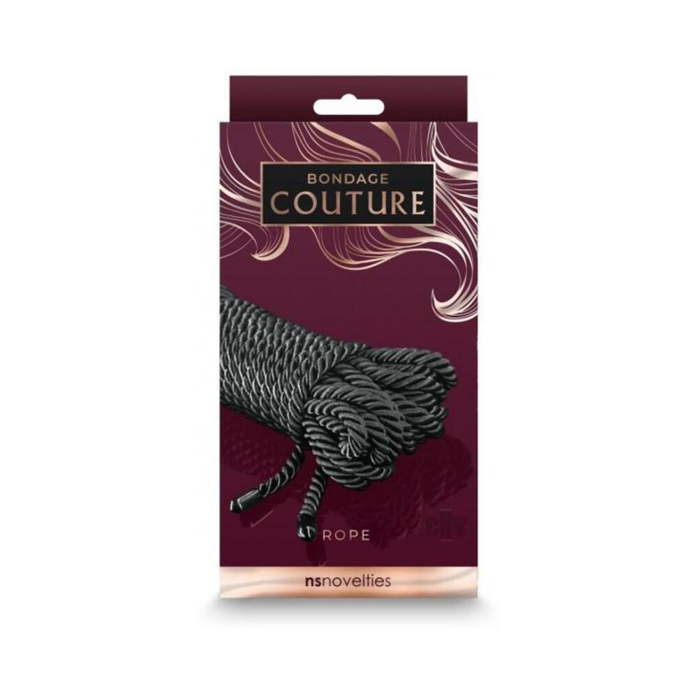 Packaging of Bondage Couture rope with a maroon background and rope illustration.