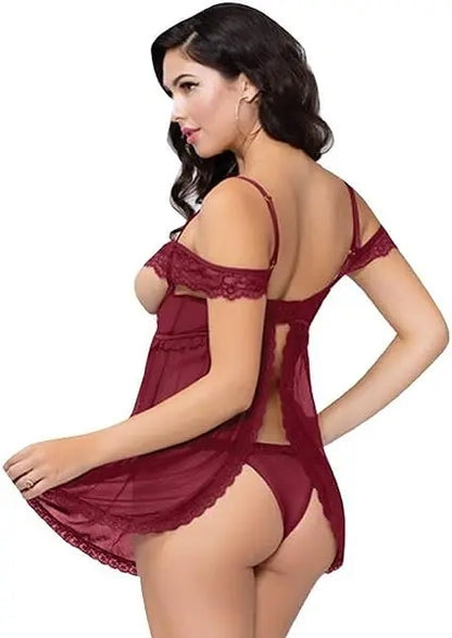 womens lingerie Lace & Mesh Open Cups Babydoll W/ fly Away Back & Panty Wine 7 Til Midnight Lace & Mesh Open Cups Babydoll W/ fly Away Back & Panty Wine | HUGZ AND KIZZEZ