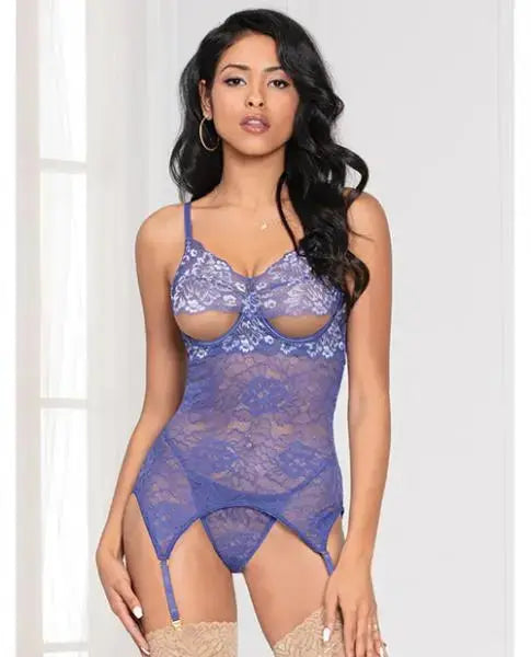 womens lingerie O/S Cross Dye Lace Peek A Boo Chemise W/attached Garters & G-string Iris 7 Til Midnight