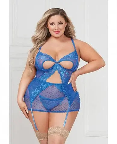 womens lingerie Peek A Boo Cup Chemise W/outer Garterbelt Blue O/s 7 Til Midnight Peek A Boo Cup Chemise W/outer Garterbelt Blue O/s - Hugz and Kizzez