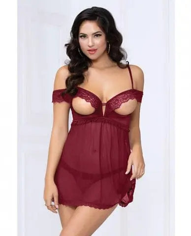 womens lingerie SMALL Lace & Mesh Open Cups Babydoll W/ fly Away Back & Panty Wine 7 Til Midnight Lace & Mesh Open Cups Babydoll W/ fly Away Back & Panty Wine | HUGZ AND KIZZEZ