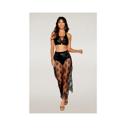 Stretch Faux Leather And Eyelash Lace Bralette W/high-waisted Panty - Black Sm