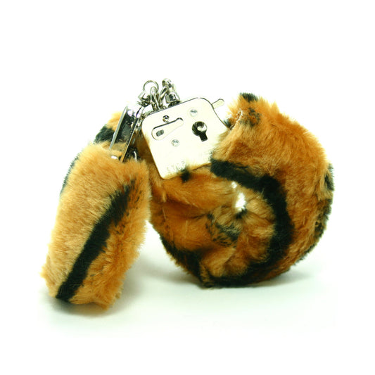 Plush tiger paw keychain with a tag on a white background