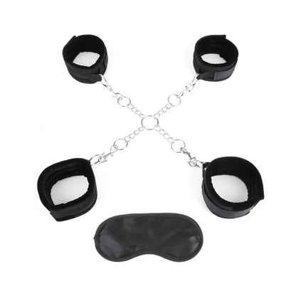 Black leather handcuffs and eye mask set on a white background