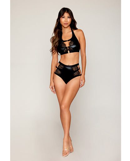 Stretch Faux Leather And Eyelash Lace Bralette W/high-waisted Panty - Black Sm