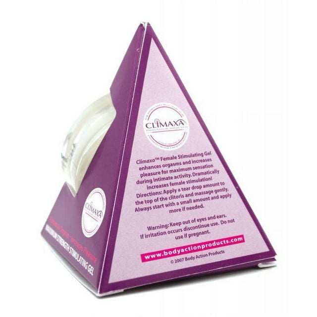 Climaxa female stimulating gel packaging with purple triangle design on a white background