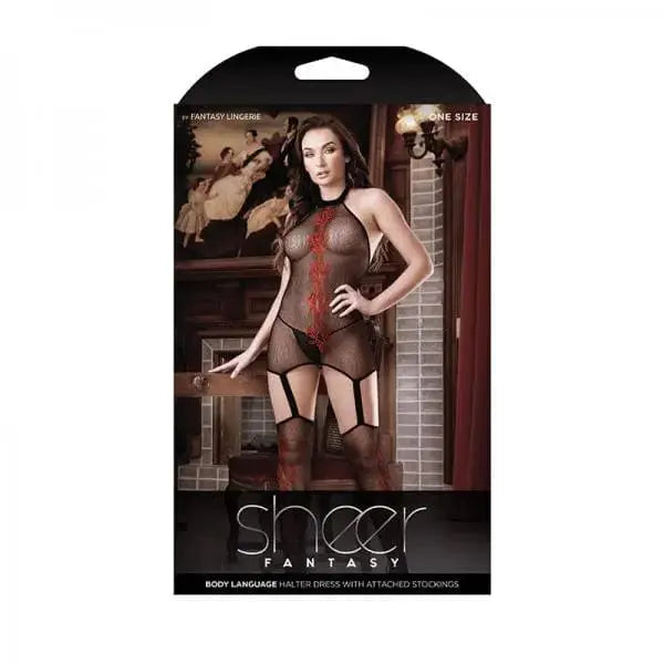 sex toys Black / One Size Sheer Body Language Halter Dress with Attached Stockings and Red Floral Design Black Fantasy Lingerie sheer-body-language-halter-dress-with-attached-stockings-and-red-floral-design-black