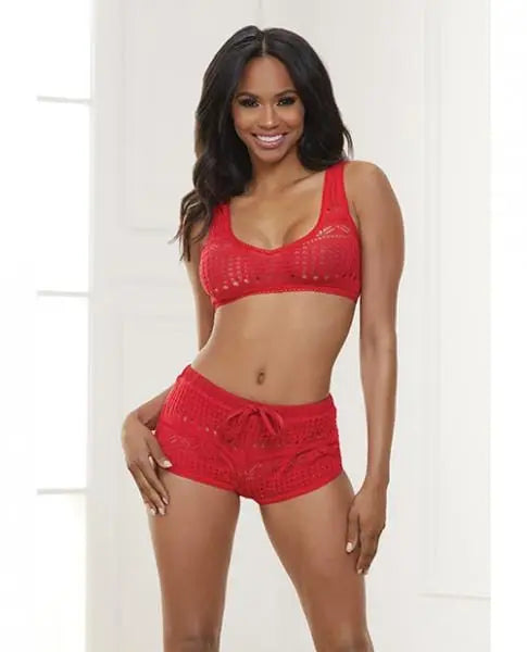 Knit Bralette & Cheeky Shorts Flame Scarlet Lg Hugz and Kizzez Knit Bralette & Cheeky Shorts Flame Scarlet Lg - Hugz and Kizzez