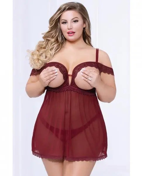 Lace & Mesh Open Cups Babydoll W/fly Away Back & Panty Wine 3x/4x Hugz and Kizzez