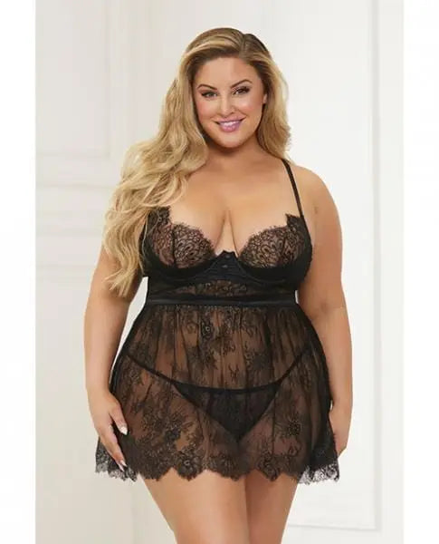 Lace & Satin Babydoll & Panty Black 1x/2x Hugz and Kizzez