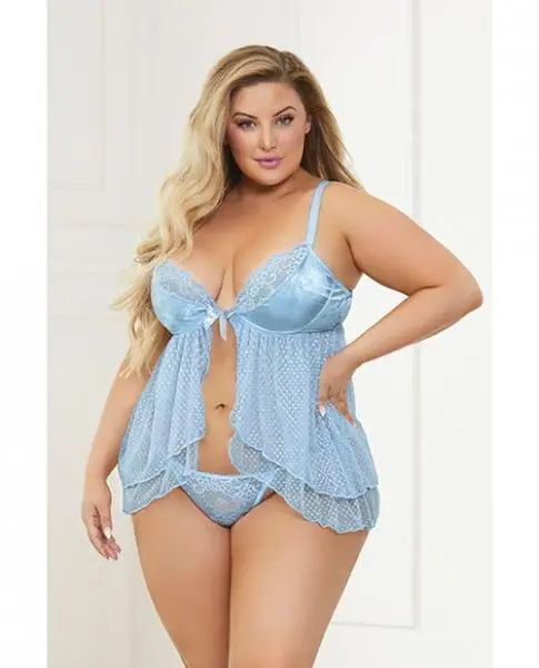 Satin Jacquard Dot Mesh Scallop Lace Babydoll & G-string Blue 1x/2x Hugz and Kizzez