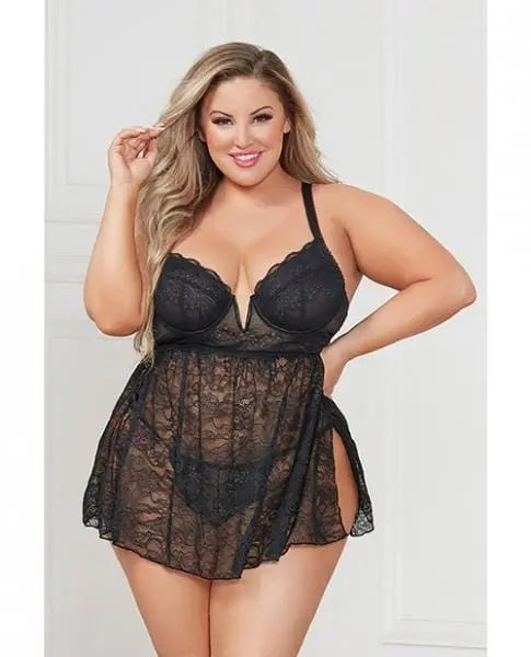 Stretch Lace Babydoll W/underwire Cups & G-string Black 1x/2x Hugz and Kizzez