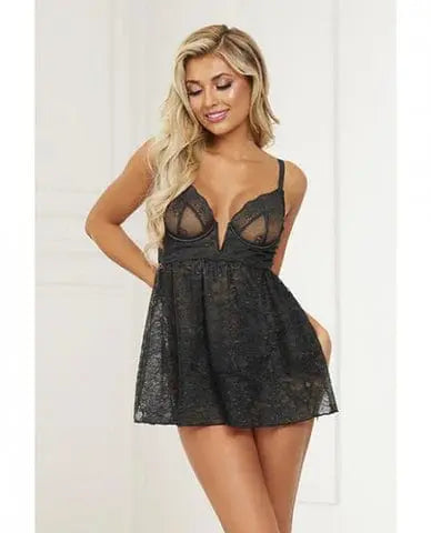 Stretch Lace Babydoll W/underwire Cups & G-string Black 1x/2x Hugz and Kizzez Stretch Lace Babydoll W/underwire Cups & G-string Black 1x/2x - Hugz 