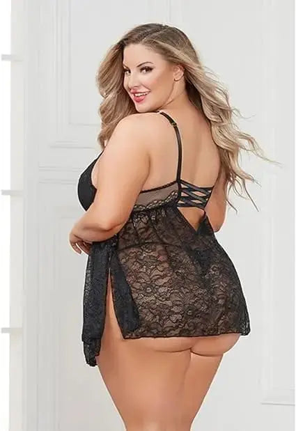 Stretch Lace Babydoll W/underwire Cups & G-string Black 1x/2x Hugz and Kizzez Stretch Lace Babydoll W/underwire Cups & G-string Black 1x/2x - Hugz 