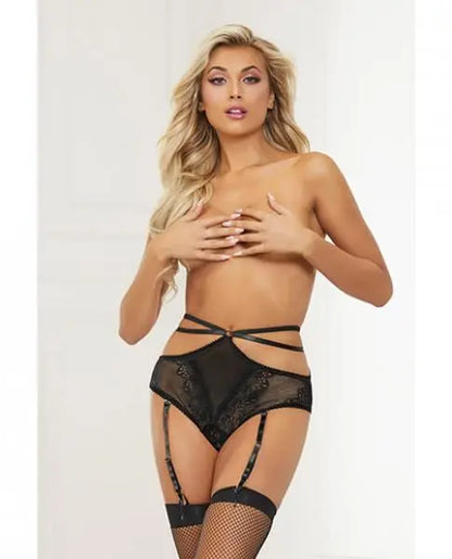 Stretch Lace High Waist Panty W/double Straps & Garters Black Lg Hugz and Kizzez