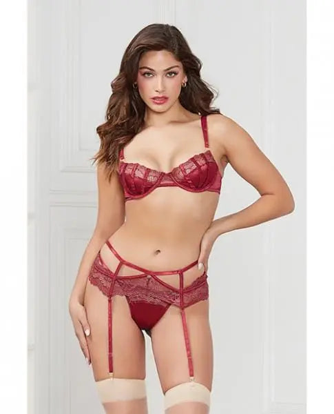 Stretch Satin & Lace Balconette Cup & Garter Panty Wine Lg Hugz and Kizzez