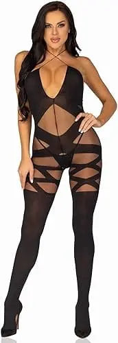 womens lingerie One Size / Black Opaque & Sheer Illusion Bodystocking W/keyhole Halter Detail Hugz and Kizzez Opaque & Sheer Illusion Bodystocking W/keyhole Halter Detail - Hugz 