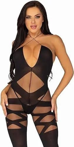 womens lingerie One Size / Black Opaque & Sheer Illusion Bodystocking W/keyhole Halter Detail Hugz and Kizzez Opaque & Sheer Illusion Bodystocking W/keyhole Halter Detail - Hugz 