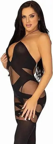 womens lingerie One Size / Black Opaque & Sheer Illusion Bodystocking W/keyhole Halter Detail Hugz and Kizzez Opaque & Sheer Illusion Bodystocking W/keyhole Halter Detail - Hugz 