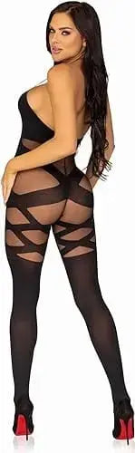 womens lingerie One Size / Black Opaque & Sheer Illusion Bodystocking W/keyhole Halter Detail Hugz and Kizzez Opaque & Sheer Illusion Bodystocking W/keyhole Halter Detail - Hugz 