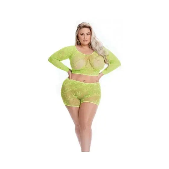 womens lingerie QUEEN / GREEN Pink Lipstick Leaf It To Me Long Sleeve Crop Top & Short Qn Pink Lipstick Pink Lipstick Leaf It To Me Long Sleeve Crop Top & Short Qn 