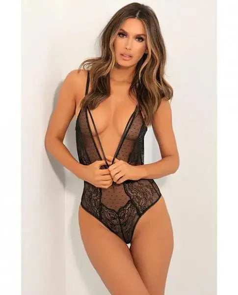 womens lingerie Black / S/M Aim To Tease Teddy Black Lace Mesh Rene Rofe Aim To Tease Teddy Black Lace, Mesh - Hugz and Kizzez