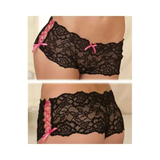 womens lingerie Rene Rofe Crotchless Lace Side Tie Boyleg Panty Black S/M Rene Rofe Rene Rofe Crotchless Lace Side Tie Boyleg Panty Black S/M - Hugz and 