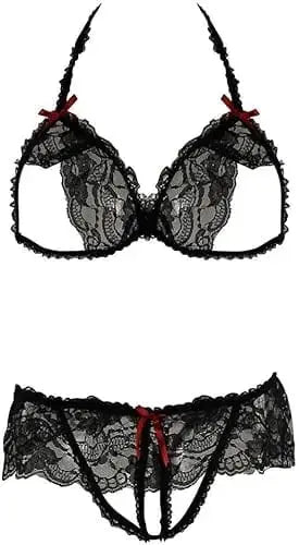 womens lingerie Rene Rofe Lace Peek-A-Boo Bra and Crotchless Panty Set Black M/L Rene Rofe Rene Rofe Lace Peek-A-Boo Bra and Crotchless Panty Set Black M/L - 