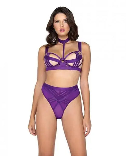 womens lingerie Bondage Stripe Demi Cup Underwire Bra & Panty Purple Lg Roma Confidential Bondage Stripe Demi Cup Underwire Bra & Panty Purple 