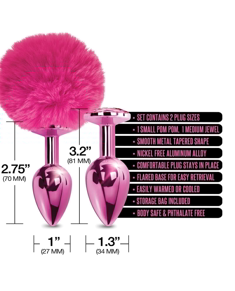 Nixie Metal Butt Plug Set Pom Pom And Jewel-inlaid Metallic Pink